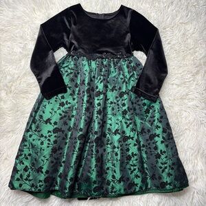 GoodLad Black Velvet Long Sleeve Dress with Green Floral Accents